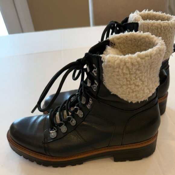 Marc Fisher Isabel Black Leather Faux Fur Lined Lace-Up Hiker Boots Size 9M - Picture 2 of 11